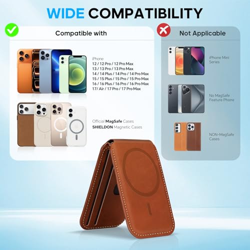 SHIELDON Genuine Leather Magnetic Wallet Stand for MagSafe, Retro Brown | Strong Magnetic, Card Holder, Kickstand, Angle Adjustment, Rfid Blocking, for iPhone 17/16/15/14/13/12 Series & Magnet Case - color: Brown - Retro