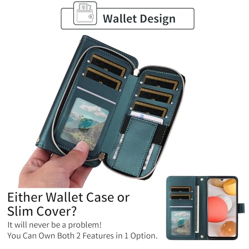 Wallet Case for Samsung Galaxy A12/M12 with Wrist Strap, Crossbody Shoulder Strap, 9+ Card Slots Zipper Purse, Luxury PU Leather Stand Cell Phone Cover for A 12 5G A-12 S12 12A 4G Women Green | Girls, Wrist/Shoulder Strap, 9+ Card Slots, Purse, Luxury PU