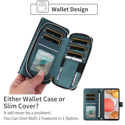 Wallet Case for Samsung Galaxy A12/M12 with Wrist Strap, Crossbody Shoulder Strap, 9+ Card Slots Zipper Purse, Luxury PU Leather Stand Cell Phone Cover for A 12 5G A-12 S12 12A 4G Women Green | Girls, Wrist/Shoulder Strap, 9+ Card Slots, Purse, Luxury PU