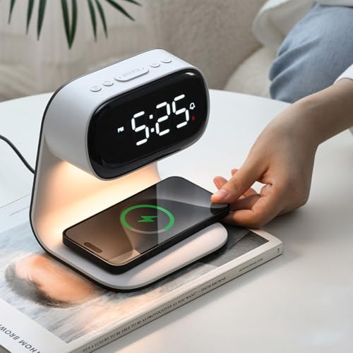 Wireless Charger Alarm Clock, Featuring Wireless Charging, Clock, Alarm, 3-Level Lighting, 15W Fast Wireless Charging, and Compatibility with All Qi-Enabled Devices, A40 White. - color: Wireless Charger Alarm Clock A40 White