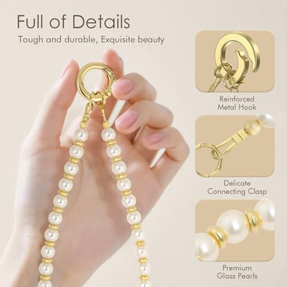SURPHY Phone Charm, Handmade Beaded Phone Wrist Strap with Tether Tab - color: A- Pearl Gold