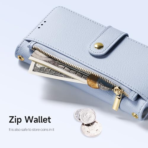 for iPhone 16 Pro Case Wallet, Detachable Magnetic Wallet Case | Compatible with Magsafe, RFID Blocking, Zipper Card Holder, PU Leather Flip Folio Case, Strap Wallet Case, Phone Kickstand - color: Blue, size: iPhone 16 Pro