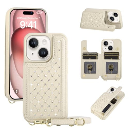 for iPhone 11 Wallet Case with Card Holder Slots and Strap, RFID Blocking Magnetic Flip Folio Cover, Crossbody Purse Protection Case with Kickstand,Beige Diamond - color: Beige Diamond, size: iPhone 11(6.1")