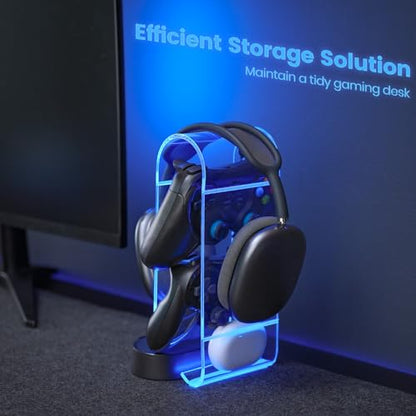 Acrylic RGB Headphone Stand w/USB Ports - Eurpmask Gaming Headset Holder| 10 Light Effect| 1 USB-C & 2 USB-A Ports| PC Gaming Accessories with RBG Light for Gamers| Clear Headset Stand for Desk-Clear