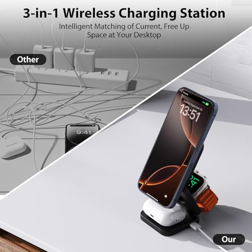 KU XIU X55 Foldable 3 in 1 Charging Station for Apple Devices, 15W Fast Magnetic Wireless Charger, Magent Travel Charger Stand for iPhone 16 15 14 13 12 Series, 5W for Apple Watch, AirPods-Black - color: Black