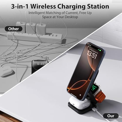 KU XIU X55 Foldable 3 in 1 Charging Station for Apple Devices, 15W Fast Magnetic Wireless Charger, Magent Travel Charger Stand for iPhone 16 15 14 13 12 Series, 5W for Apple Watch, AirPods-Black - color: Black