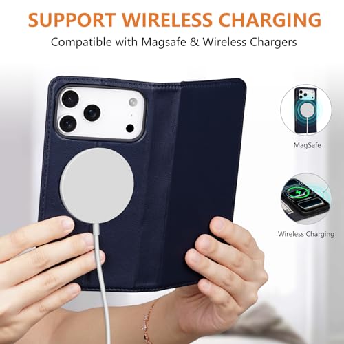 for iPhone 17 Pro 6.3" Wallet Case Card Holder Blue | Magsafe Compatible,RFID Blocking,Kickstand,Folio Cover,Genuine Leather - color: Blue, size: 6.3" iPhone 17 Pro