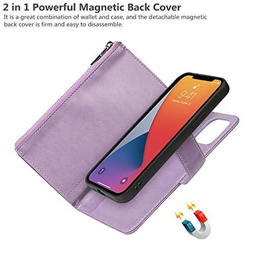 iCoverCase Compatible with iPhone 13 Wallet Phone Case with Card Holder, PU Leather Zipper Pocket Magnetic Detachable Flip Case with Wrist Strap (Purple) - color: Detachable--Purple