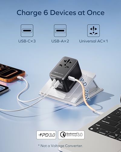 MOMAX 70W GaN Universal Travel Adapter, All-in-One Travel Charging - color: Black, size: 70W