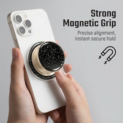 Magnetic Collapsible Phone Grip Stand, Black Crystal Glitter Expanding Phone Holder Compatible with Most Smartphones and Tablets - color: Black Marble