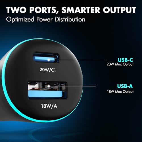 PD 20W Wozoyo Car Charger with Type-C & USB A,Power Delivery, PPS & QC 3.0, Dual Port Fast Charging (20W + 18W), 12V–24V Compatible, Multi-Layer Protection, 2-Years Manufacturer Warranty
