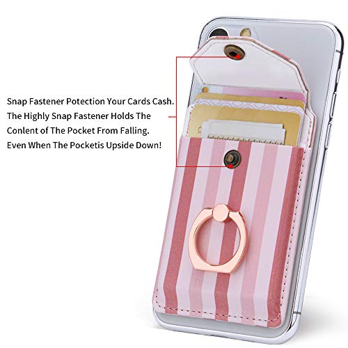 Self Adhesive Phone Card Wallet with Ring Stand Flip Cover, Pink Striped - color: Pink Striped