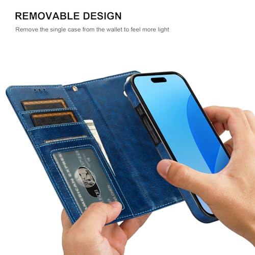 Bocasal Detachable Wallet Case Card Holder for iPhone 16, Blue | RFID Blocking Kickstand Card Slots Holder PU Leather Magnetic Shockproof Wrist Strap Removable Flip Protective Cover 6.1 inch - color: Blue