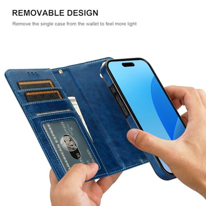 Bocasal Detachable Wallet Case Card Holder for iPhone 16, Blue | RFID Blocking Kickstand Card Slots Holder PU Leather Magnetic Shockproof Wrist Strap Removable Flip Protective Cover 6.1 inch - color: Blue