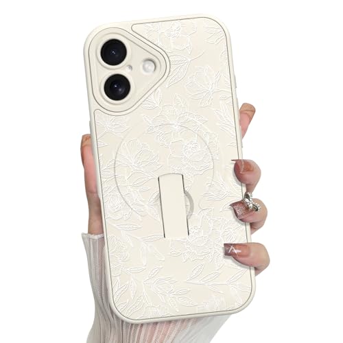 MZELQ for iPhone 16 Case Rose Floral Flower Pattern -White | Silicone Cute Support for MagSafe, Kickstand Wristband Camera Protection Soft Slim Phone Case for Girls Women - color: White-Rose, size: iPhone 16