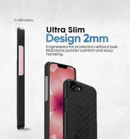 MOTIVE for iPhone 17e Case with Belt Clip, Rigid, Kickstand | 6.1" | Ranger v1 Series, Black, 360° holster, open-top/open-bottom port access, textured grip, slim - size: iPhone 17e