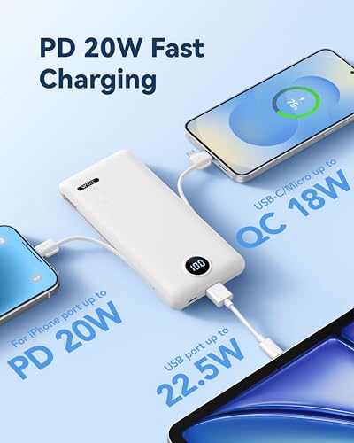 VRURC 10000mAh Portable Phone Charger, Built-in AC Plug & Cables, White - color: White