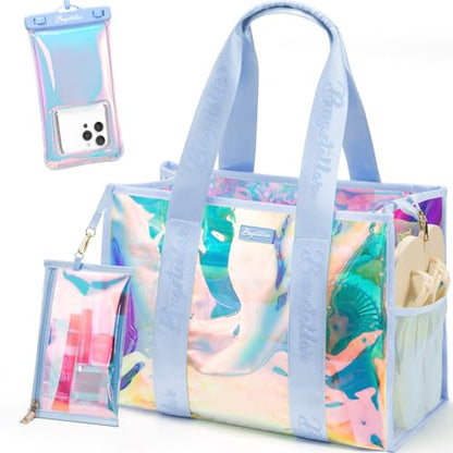 Bagstellar Iridescent Beach Bag, Jelly Tote Bag with Phone Pouch Makeup Bag | Large Beach Bags Waterproof Sandproof, Zipper Beach Tote Clear Pool Swim Boat Bag for Women Summer Travel Cruise Essentials - color: Oasis