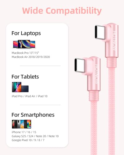Right Angle USB C to USB C Cable 1FT 3Pack 65w - color: Pink, size: 1FT