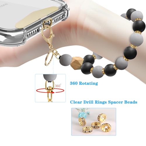 Silicone Beaded Phone Wrist Strap, Phone Bracelet Strap with Tether Tab Elastic Hands Free Wristlet Strap - color: Black Grey