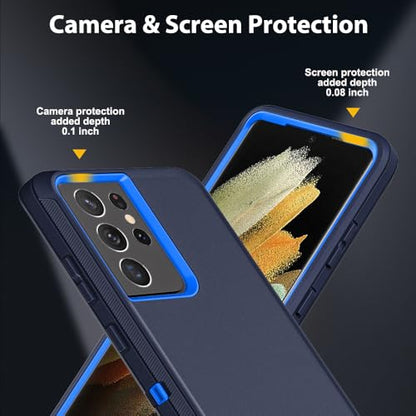 for Samsung Galaxy S21 Ultra Case with 2Pcs Self Healing Flexible TPU Screen Protector & Camera Lens Protector, 3 in 1 Heavy Duty Shockproof/Drop Proof/Dust Proof Case (Navy Blue) - color: Navy Blue