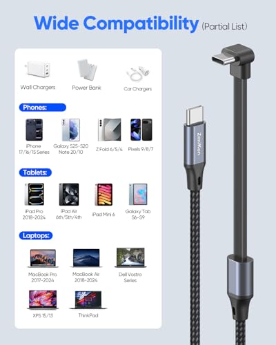 Right Angle USB C Cable 3.3FT, 60W 90 Degree USB C Cable (Flat) - size: 3.3FT