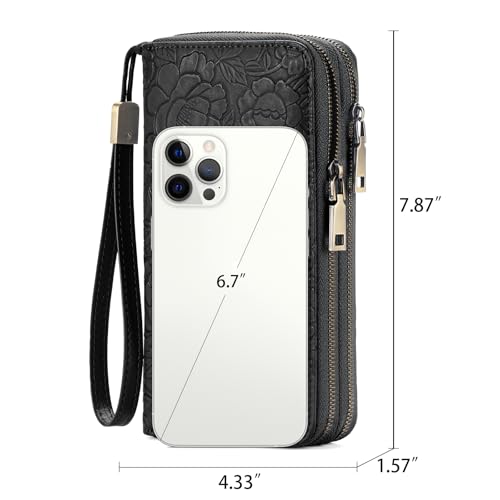 GAEKEAO RFID Leather Wristlet Wallet for Women with Grip Strap | Large capacity clutch wallet, credit card holder, wrist strap, zipper purse, travel and shopping - color: A12 Embossed Dark Black