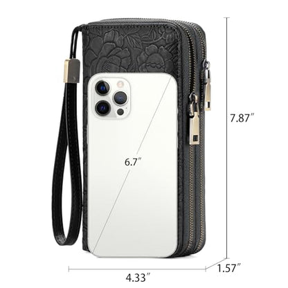GAEKEAO RFID Leather Wristlet Wallet for Women with Grip Strap | Large capacity clutch wallet, credit card holder, wrist strap, zipper purse, travel and shopping - color: A12 Embossed Dark Black