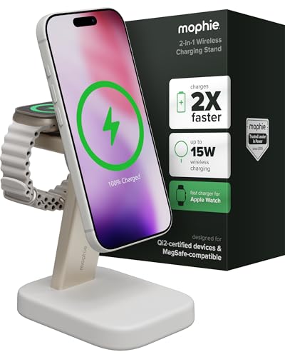 Mophie 2-in-1 Wireless Charging Stand - Qi2-Certified, MagSafe Charger for iPhone & Apple Watch – Fast Charging Station with Adjustable Phone Stand & Cable Management – Up to 15W Power - color: White, size: 2-in-1 iPhone/ Apple Watch Charging Stand