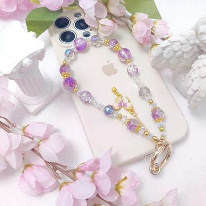 Cute Phone Wrist Strap Chic Beaded Cellphone Lanyard Phone Charm Grip Strap - color: Purple Butterfly