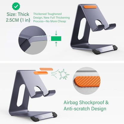 Phone Stand for Desk, Thickened Aluminum Cell Phone Stand & Phone Holder for Desk, Compatible with Tablets, iPhone, iPad, Samsung - Dark Gray - color: dark gray