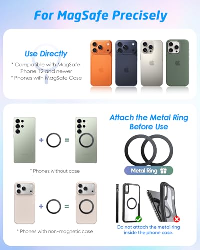 Magnetic Phone Holder for Car [2 Pack], Universal Air Vent Magnetic Phone Mount, Compatible with MagSafe Phones Using Adapter Ring or Plate, Includes 2 Metal Plates