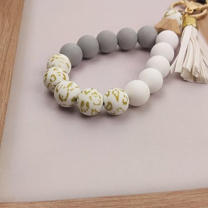 Phone Lanyard Silicone Beaded Phone Wrist Strap Cute Elastic Cell Phone Wristlet Chain Bracelet with 2 Tether Tab - color: White