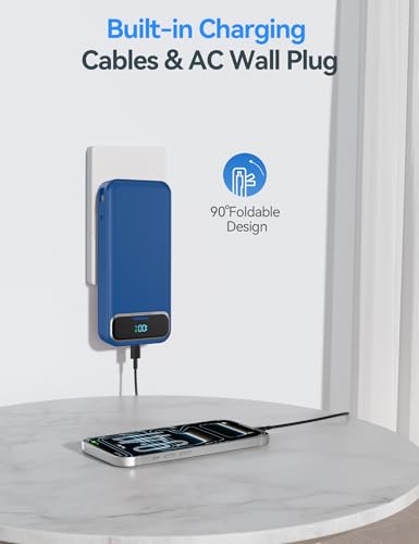 aonidi Portable Charger 20000mAh with Built-in Cables&AC Wall Plug, Navy - color: Steel Blue