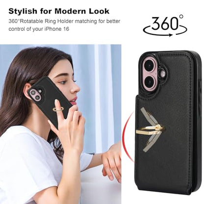 Folosu Compatible with iPhone 16 Case Wallet with Card Holder, 360°Rotation Finger Ring Holder Kickstand, RFID Blocking Leather Protective Double Buttons Shockproof Cover 6.1 Inch Black - color: Black
