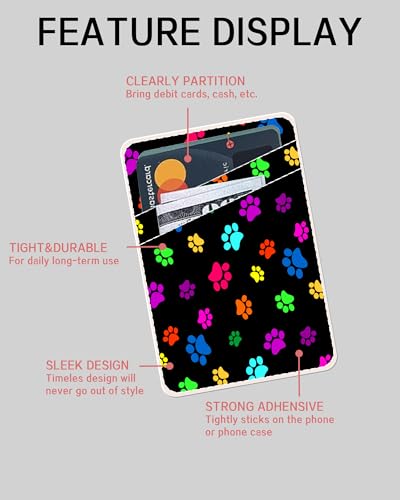 Dual Pocket Leather Phone Wallet Adhesive Stick On, Cute Card Holder, Credit Card Holder for Case - Compatible with Most Phones, Cute Colorful Paw - color: Cute Colorful Paw