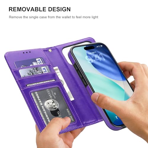 Bocasal Detachable Wallet Case Card Holder for iPhone 17 Pro, Purple | RFID Blocking Kickstand Card Slots Holder PU Leather Magnetic Shockproof Wrist Strap Removable Flip Protective Cover 6.3 inch - color: Purple