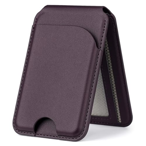 Magnetic Wallet for Mag-Safe with Adjustable Stand, 5 Card Holder, RFID Blocking,Upgraded Leather Card Holder Wallets Compatible with iPhone 17 16 15 14 13 12 Series - color: Deep purple folding support
