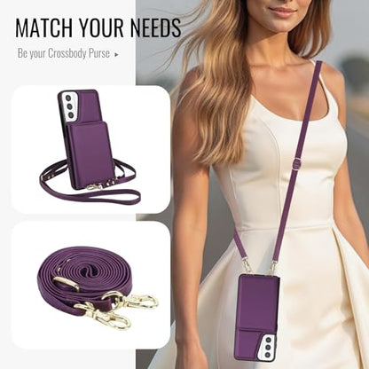 Phone Case for Samsung Galaxy S21 Plus S21+ 5G Wallet Cell Cover with Tempered Glass Screen Protector Wrist Crossbody Strap RFID Blocking Card Holder S21+5G S21plus 21S + S 21 21+ G5 Women Dark Purple - color: Dark Purple