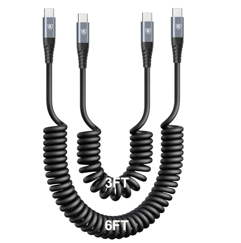USB C to USB C Cable [3FT+6FT], 2Pack Coiled USB C Charger Cable for Car - color: Black, size: 3FT+6FT