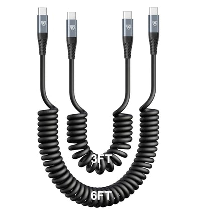 USB C to USB C Cable [3FT+6FT], 2Pack Coiled USB C Charger Cable for Car - color: Black, size: 3FT+6FT