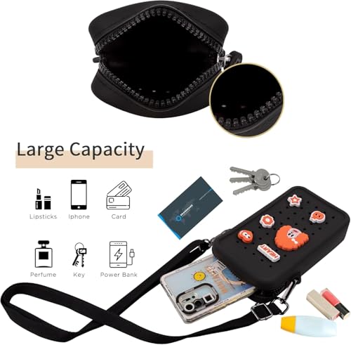 Silicone Crossbody Bag for Women, DIY Charm Compatible Perforated Hole Design, Compact Waterproof Lightweight Phone Purse with Adjustable Strap for Daily Use (Black) - color: Black