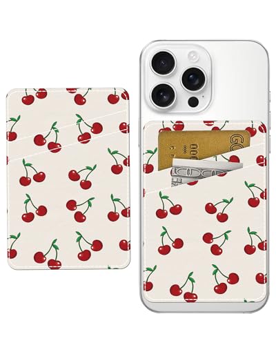Phone Card Holder, Dual Pocket Leather Phone Wallet Adhesive Stick On, Cute Card Holder, Credit Card Holder for Phone Case Cute Cherry - color: Cute Cherry