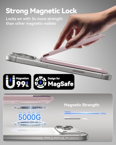 TWZKG for MagSafe Wallet, 5 Cards Holder with Stand, Magnetic Phone Wallet Stand for iPhone 17/16/15/14/13/12 Pro Max Air Plus Series, RFID Blocking Vegan Leather,Pink - color: Pink