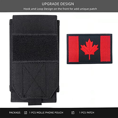 Black Tactical Molle Waterproof Cellphone Pouch Case,Heavy Duty Phone Holster Bag for iPhone 11 12 13 Pro Max Less 6.7" Phone(Fits Otterbox/Survivor Protective Case on) with Canada Flag Patch - color: Black & 1 Black/Red Patch
