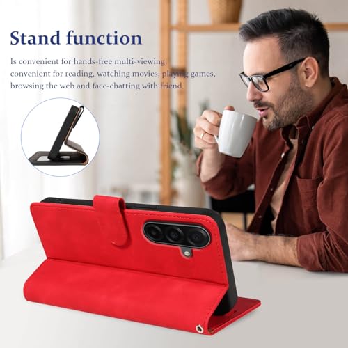 Wallet Case for Samsung Galaxy A17, RFID Blocking (Red) | 4 card slots with ID window, cash pocket, wrist strap, stand function, magnetic closure, flip PU leather, TPU inner shell - color: Red