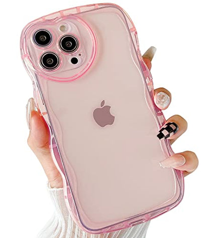 Qokey Compatible for iPhone 13 Pro Case 6.1 inch,Cute Clear Love Design,Heart Camera Curly Wave Transparent Protection Soft Shockproof Phone Cover for Women Girl Men, Pink - size: for iPhone 13 Pro