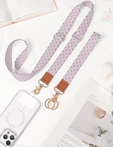 Phone Lanyard Crossbody Strap, Adjustable Neck Strap and Wristlet Strap for Phone Wallet ID Badge with 2 Phone Tabs - color: Purple Dots