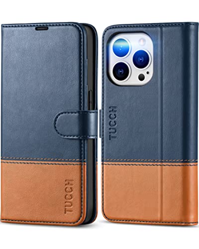 TUCCH Wallet Case for iPhone 14 Pro (6.1") 2022, 4 Card Slots, Blue & Brown | RFID Blocking, Viewing Stand, Shockproof TPU Shell, PU Leather, Magnetic Closure, Protective Folio Flip Cover - color: Two Colors - Dark Blue & Brown