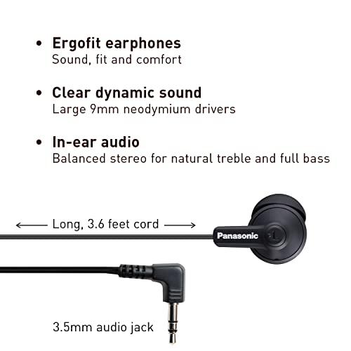 Panasonic ErgoFit Wired Earbuds with 3.5mm Jack, in-Ear Headphones, Crystal-Clear Sound, Ergonomic Fit (S/M/L), for Phones & Laptops, RP-HJE120-KA, Matte Black (Pack of 10) - color: Matte Black, size: S/M/L (Pack of 10), style: No Mic